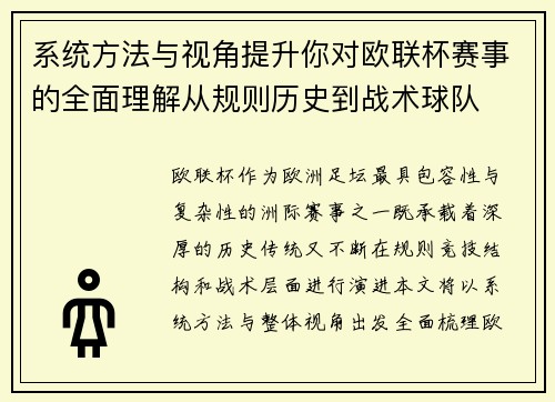 系统方法与视角提升你对欧联杯赛事的全面理解从规则历史到战术球队